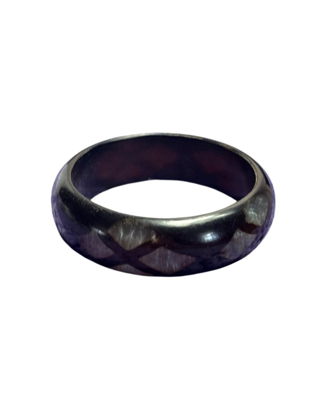 Vintage Plastic Bangle Bracelet Brown Shimmery Silvertone Geometric 8.25 inches